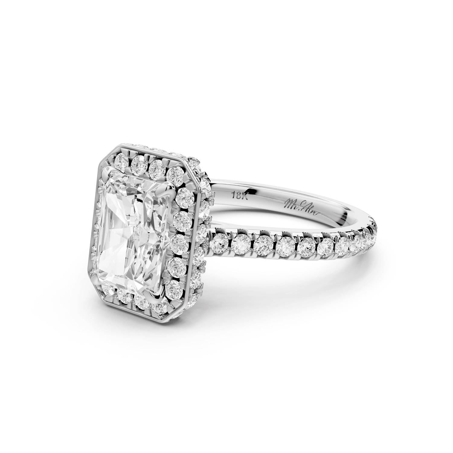 Beatrice - 2ct 18k white gold radiant stone in rollover halo with diamond bridge and pavé engagement ring - Mr. Alex Jewelry