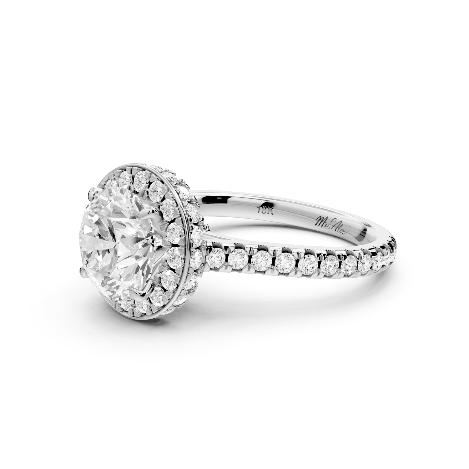 Beatrice - 2ct 18k white gold round stone in rollover halo with diamond bridge and pavé engagement ring - Mr. Alex Jewelry