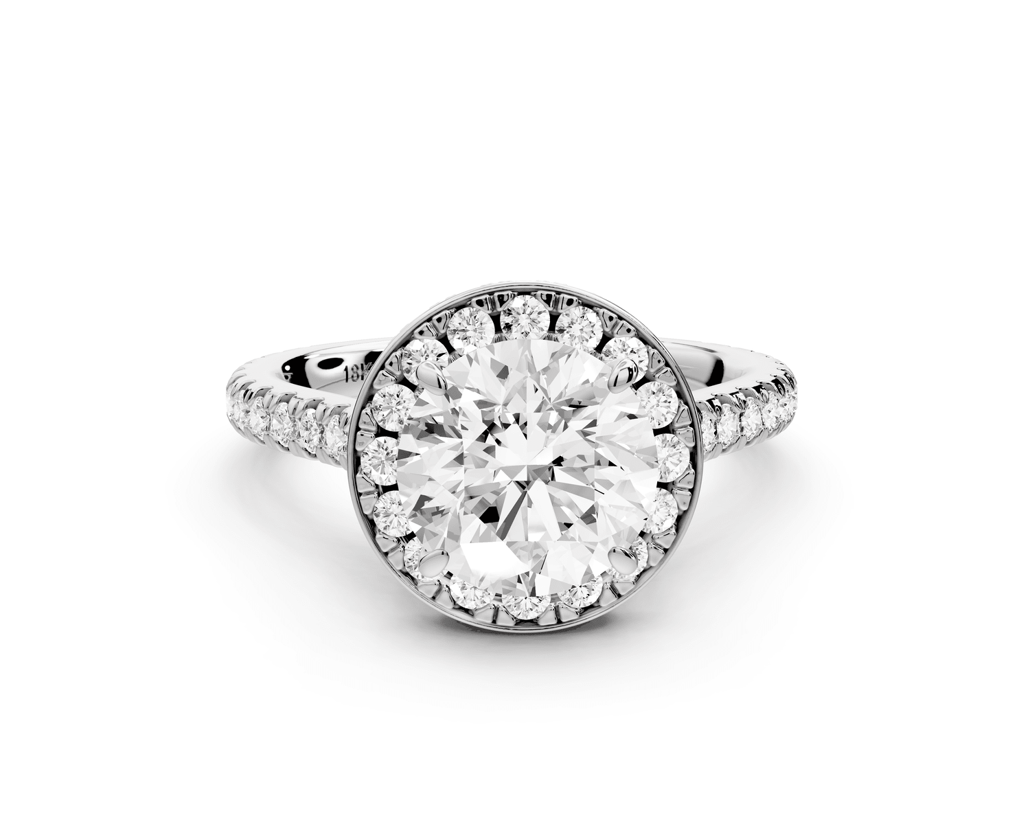 Beatrice - 2ct 18k white gold round stone in rollover halo with diamond bridge and pavé engagement ring - Mr. Alex Jewelry