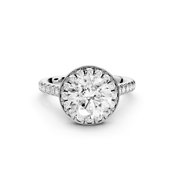 Beatrice - 2ct 18k white gold round stone in rollover halo with diamond bridge and pavé engagement ring - Mr. Alex Jewelry