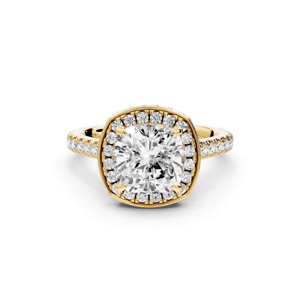 Beatrice - 2ct 18k yellow gold cushion stone in rollover halo with diamond bridge and pavé engagement ring - Mr. Alex Jewelry
