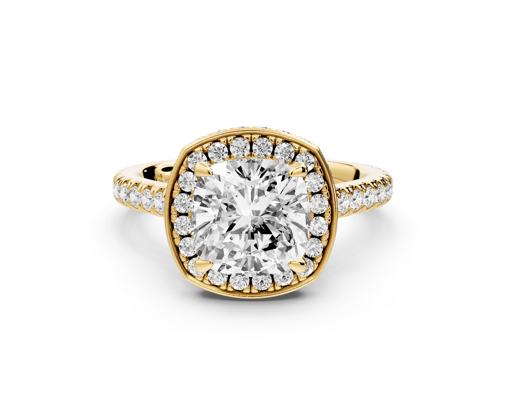 Beatrice - 2ct 18k yellow gold cushion stone in rollover halo with diamond bridge and pavé engagement ring - Mr. Alex Jewelry