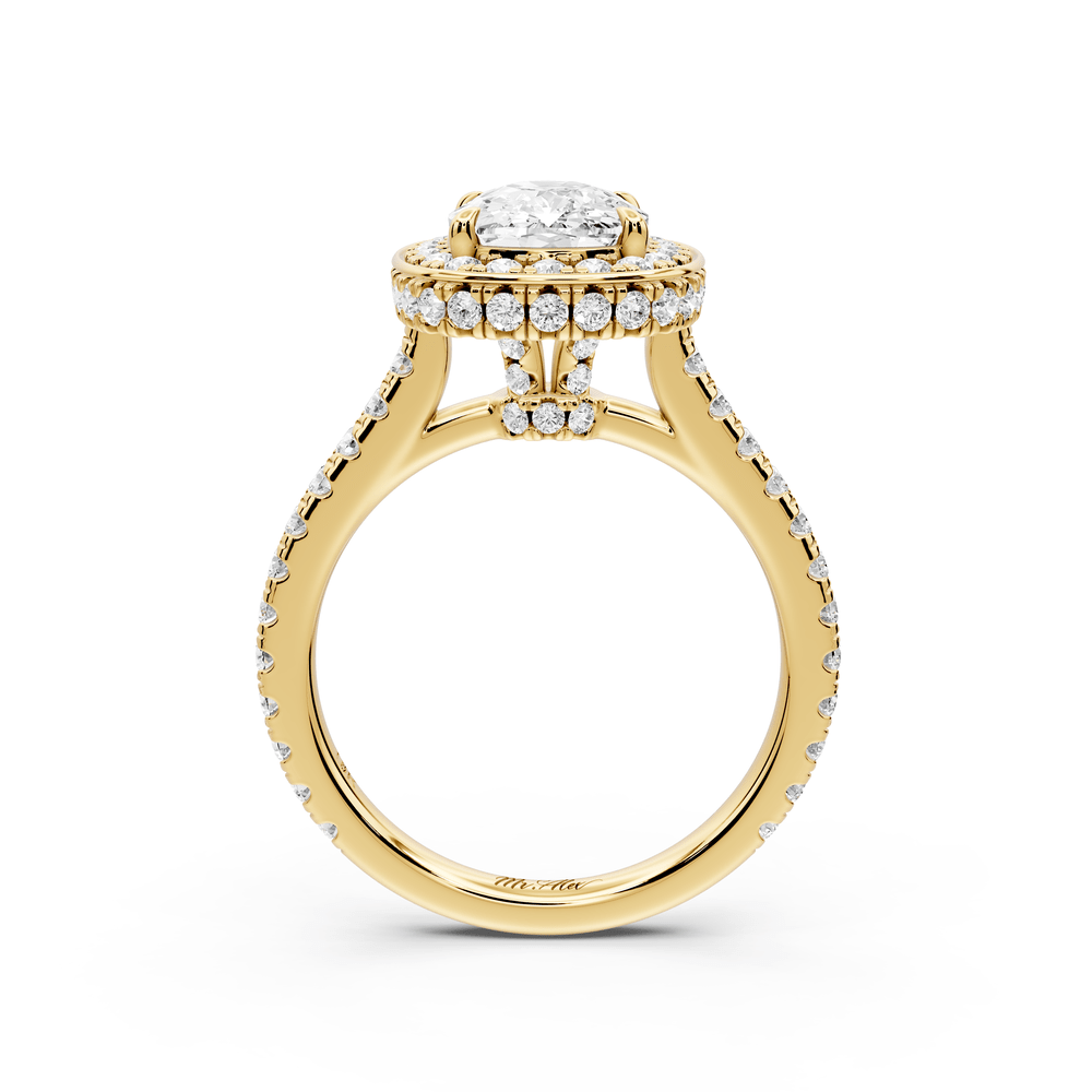Beatrice - 2ct 18k yellow gold ecushion stone in rollover halo with diamond bridge and pavé engagement ring - Mr. Alex Jewelry