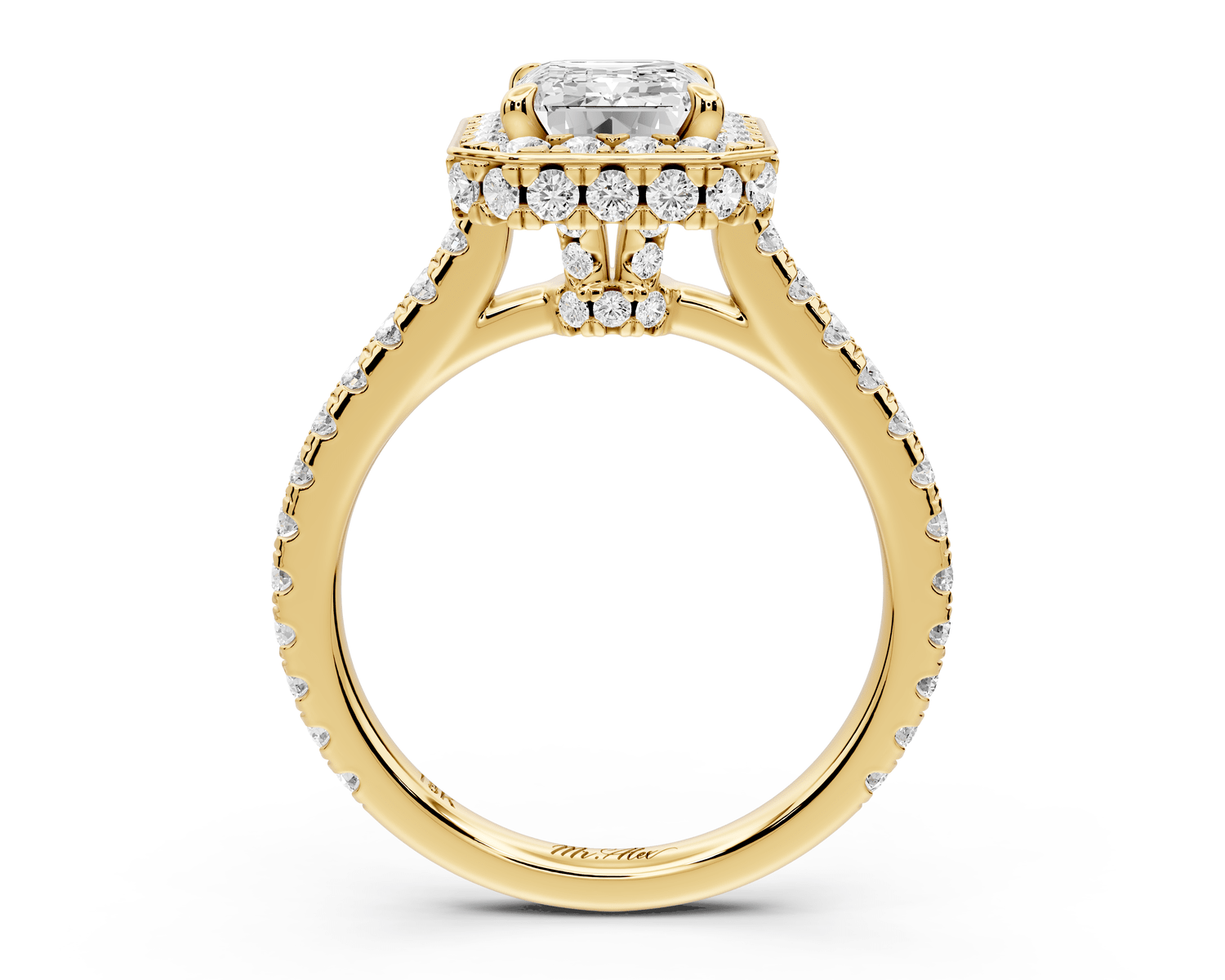 Beatrice - 2ct 18k yellow gold emerald stone in rollover halo with diamond bridge and pavé engagement ring - Mr. Alex Jewelry