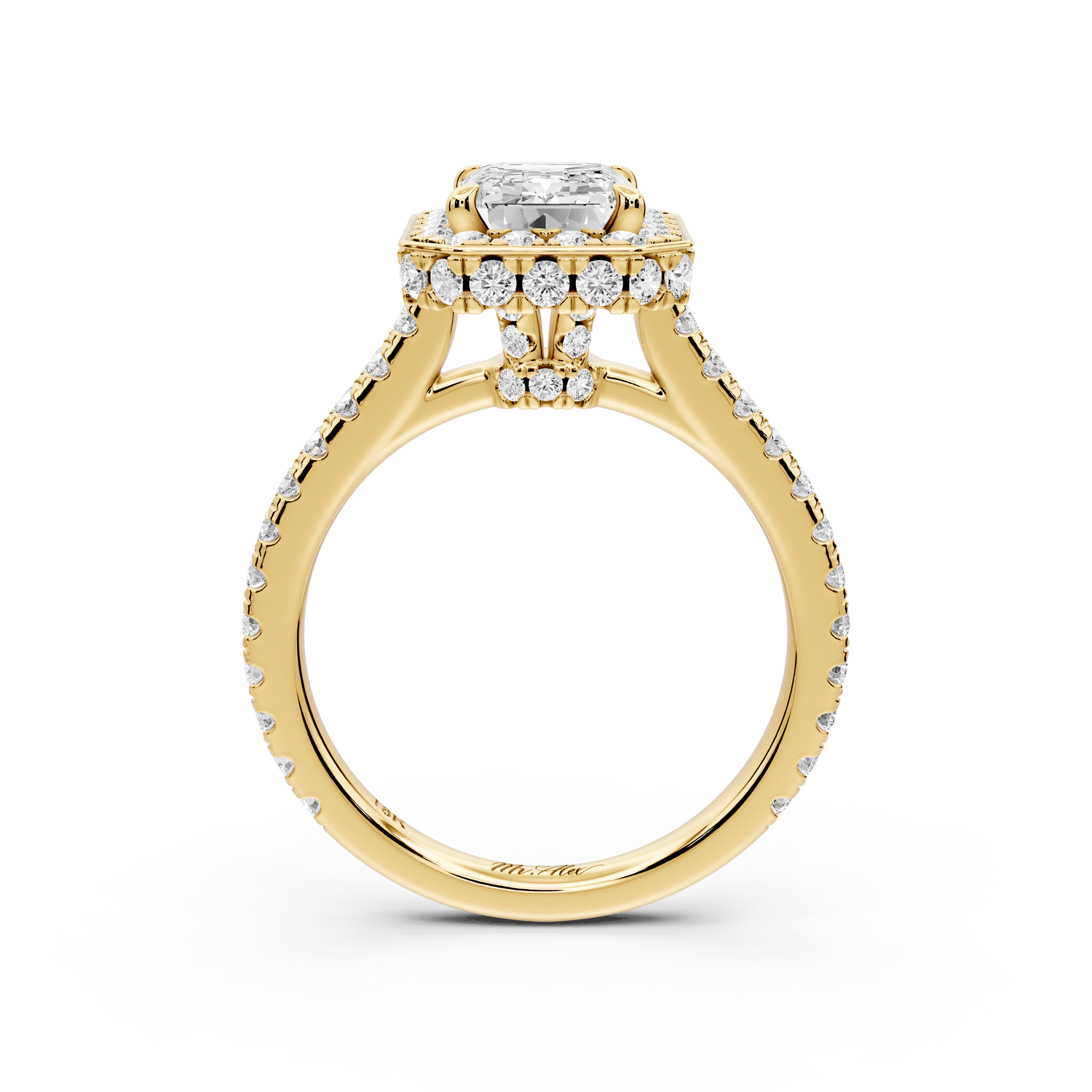 Beatrice - 2ct 18k yellow gold emerald stone in rollover halo with diamond bridge and pavé engagement ring - Mr. Alex Jewelry