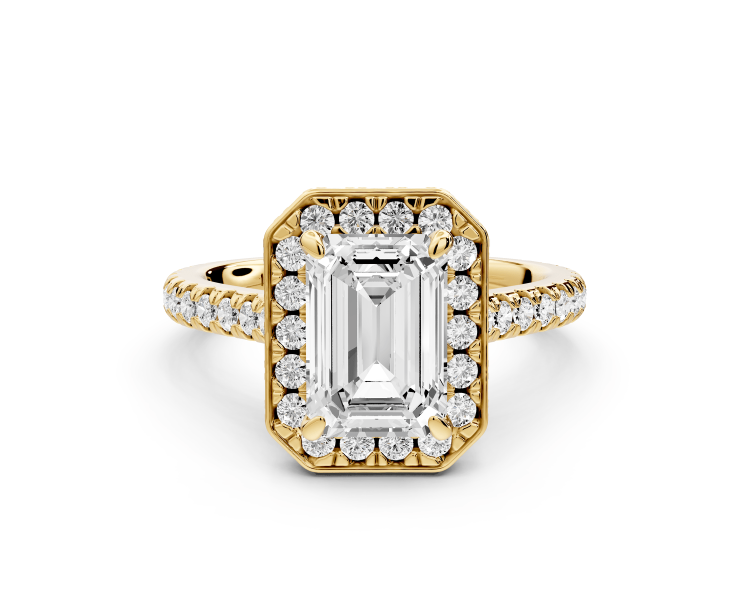 Beatrice - 2ct 18k yellow gold emerald stone in rollover halo with diamond bridge and pavé engagement ring - Mr. Alex Jewelry