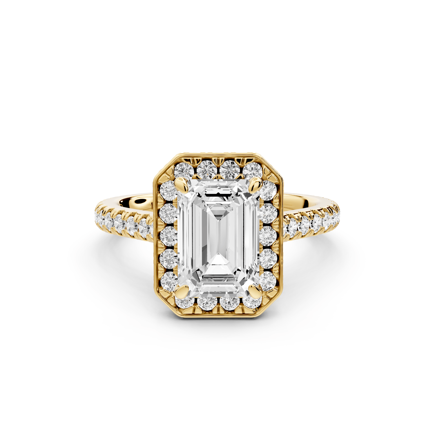 Beatrice - 2ct 18k yellow gold emerald stone in rollover halo with diamond bridge and pavé engagement ring - Mr. Alex Jewelry