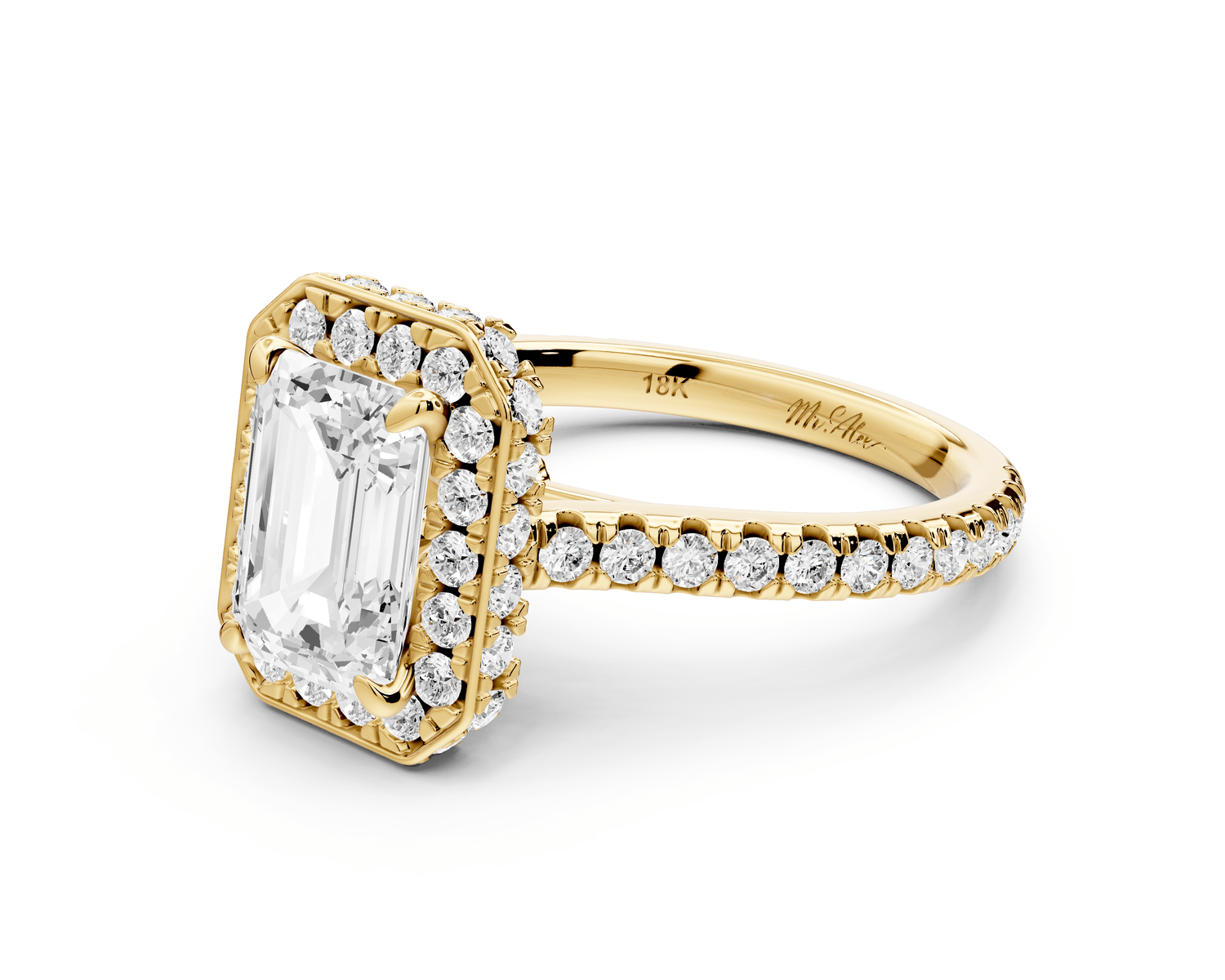Beatrice - 2ct 18k yellow gold emerald stone in rollover halo with diamond bridge and pavé engagement ring - Mr. Alex Jewelry