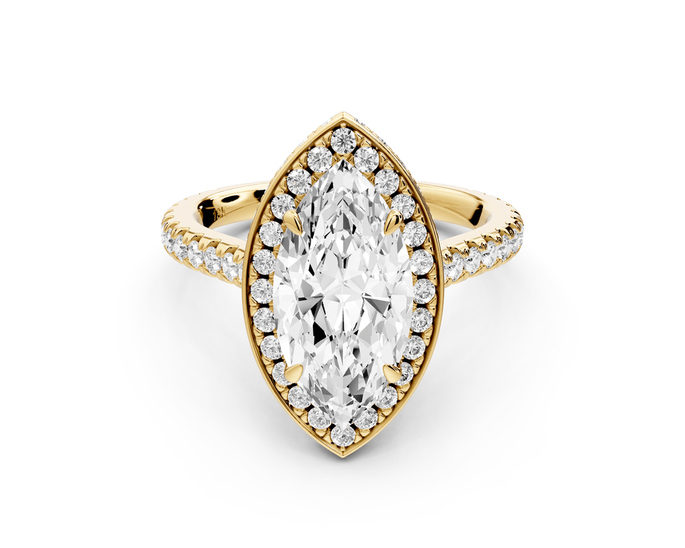 Beatrice - 2ct 18k yellow gold marquise stone in rollover halo with diamond bridge and pavé engagement ring - Mr. Alex Jewelry