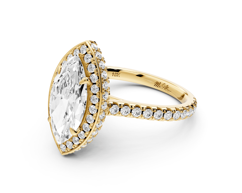 Beatrice - 2ct 18k yellow gold marquise stone in rollover halo with diamond bridge and pavé engagement ring - Mr. Alex Jewelry
