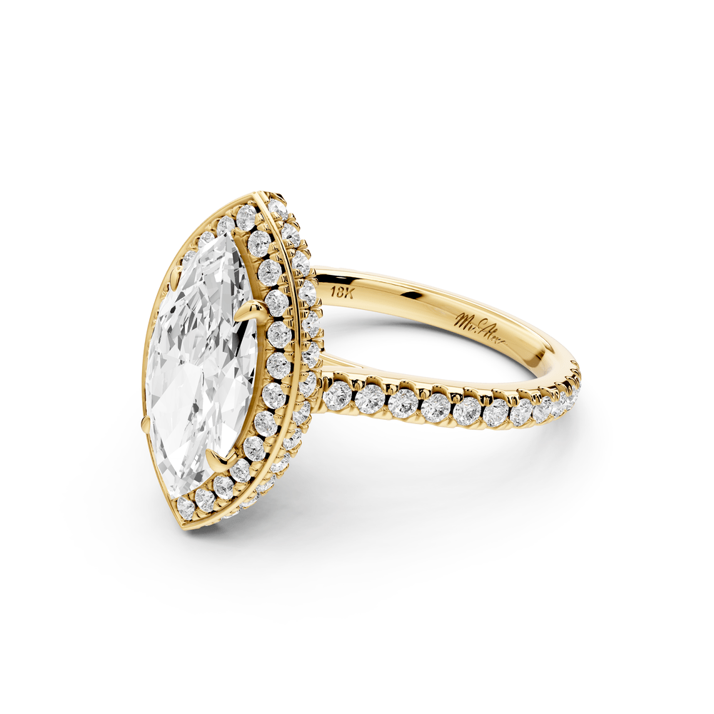 Beatrice - 2ct 18k yellow gold marquise stone in rollover halo with diamond bridge and pavé engagement ring - Mr. Alex Jewelry