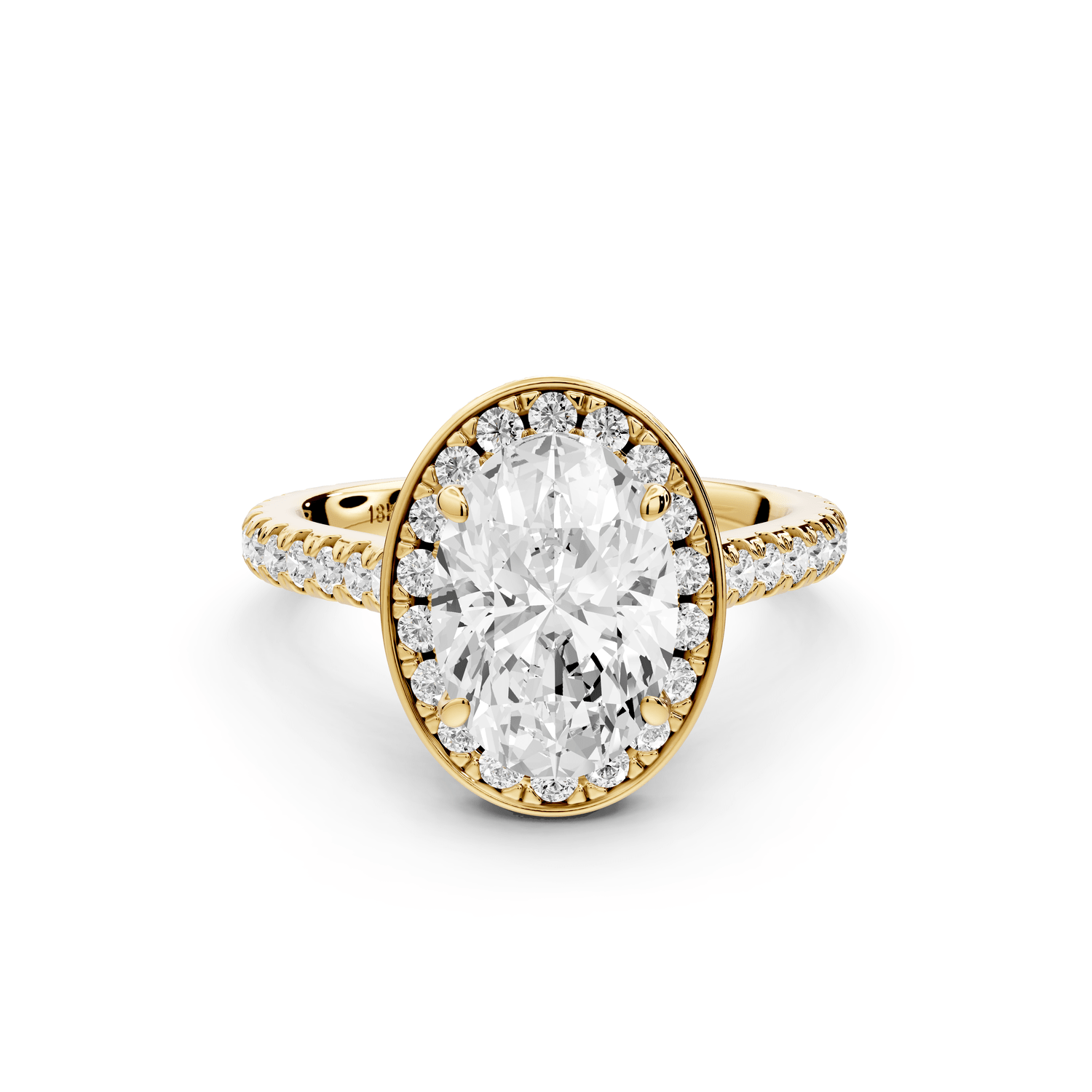 Beatrice - 2ct 18k yellow gold oval stone in rollover halo with diamond bridge and pavé engagement ring - Mr. Alex Jewelry