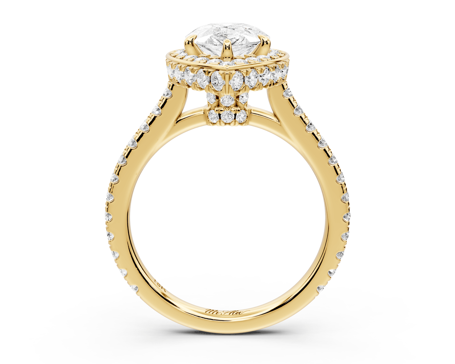 Beatrice - 2ct 18k yellow gold pear stone in rollover halo with diamond bridge and pavé engagement ring - Mr. Alex Jewelry