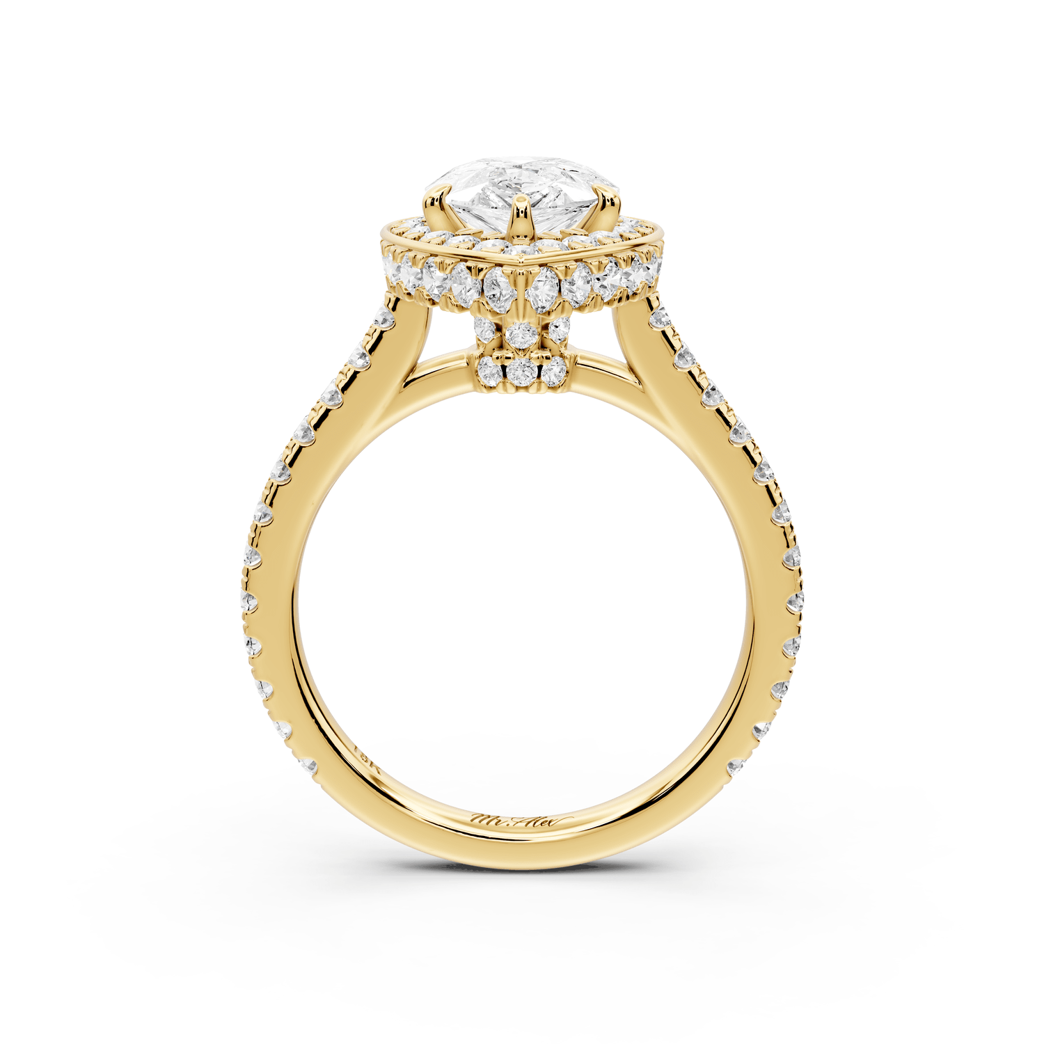 Beatrice - 2ct 18k yellow gold pear stone in rollover halo with diamond bridge and pavé engagement ring - Mr. Alex Jewelry