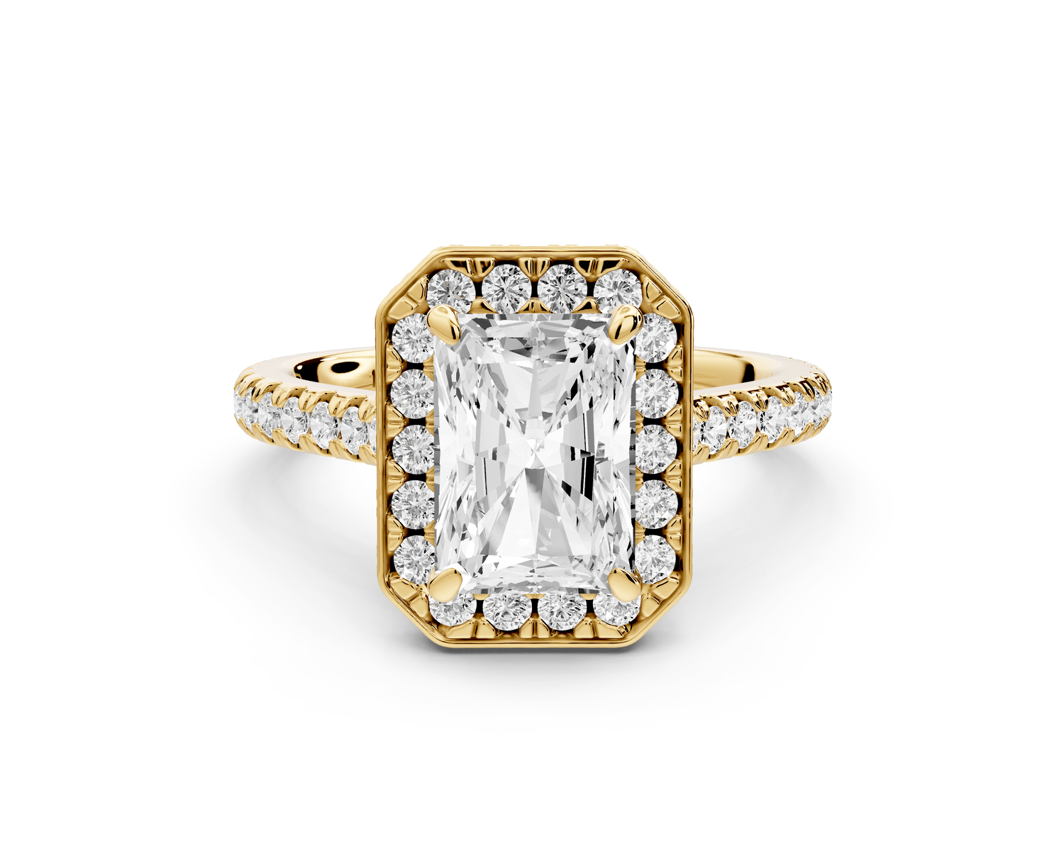 Beatrice - 2ct 18k yellow gold radiant stone in rollover halo with diamond bridge and pavé engagement ring - Mr. Alex Jewelry