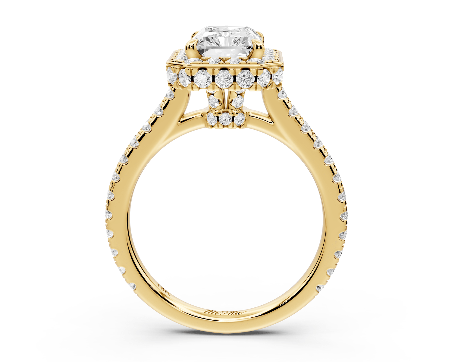 Beatrice - 2ct 18k yellow gold radiant stone in rollover halo with diamond bridge and pavé engagement ring - Mr. Alex Jewelry