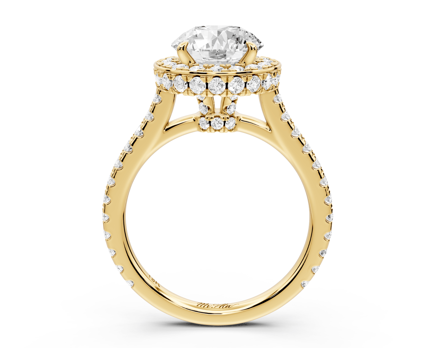 Beatrice - 2ct 18k yellow gold round stone in rollover halo with diamond bridge and pavé engagement ring - Mr. Alex Jewelry