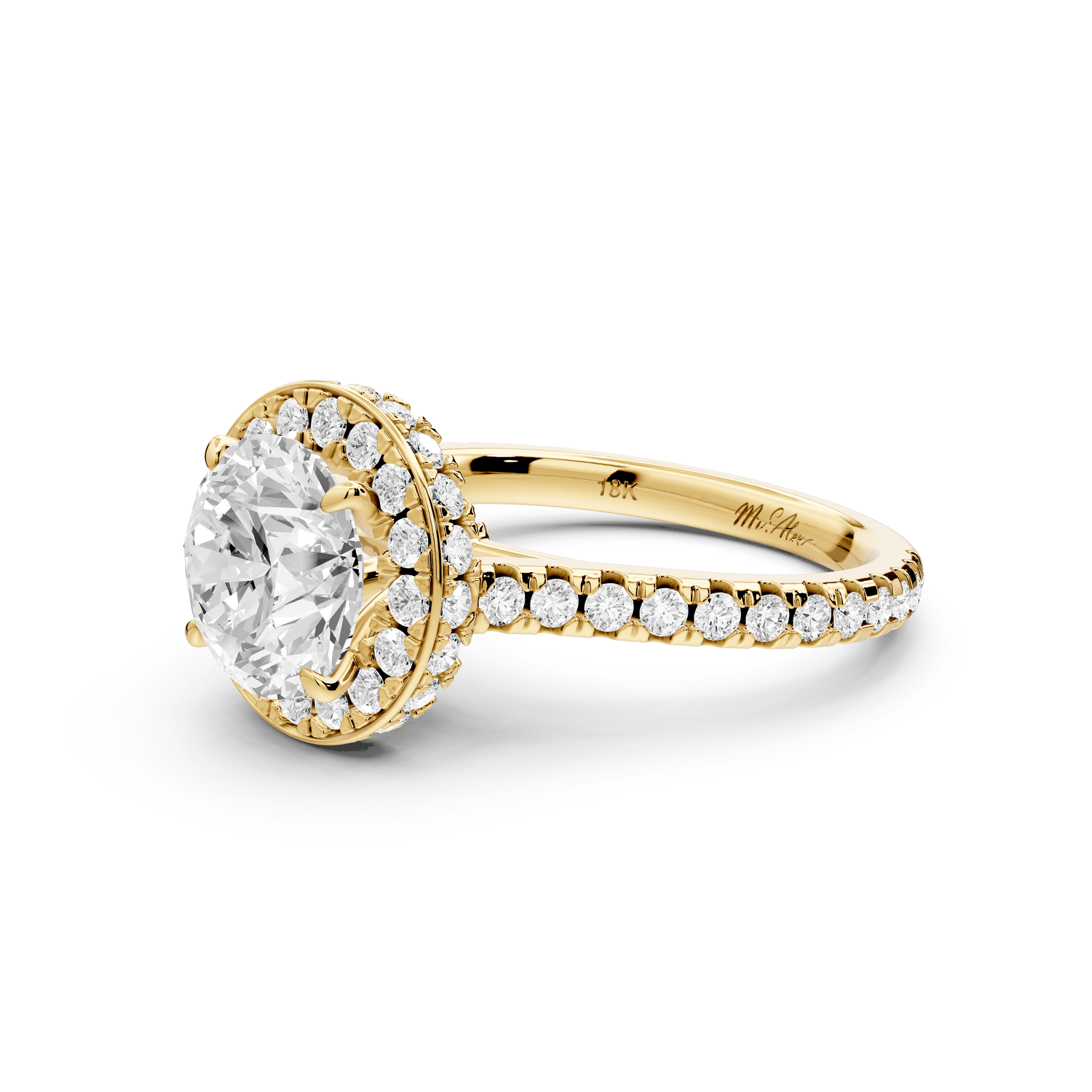 Beatrice - 2ct 18k yellow gold round stone in rollover halo with diamond bridge and pavé engagement ring - Mr. Alex Jewelry