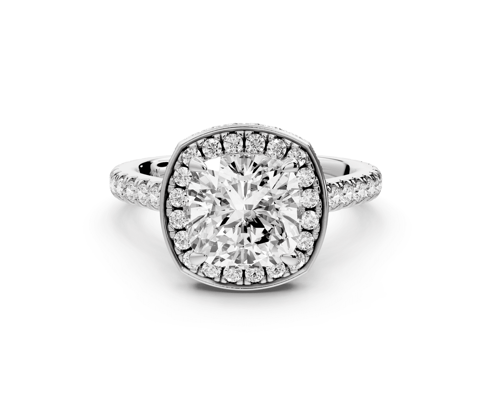 Beatrice - 2ct platinum cushion stone in rollover halo with diamond bridge and pavé engagement ring - Mr. Alex Jewelry