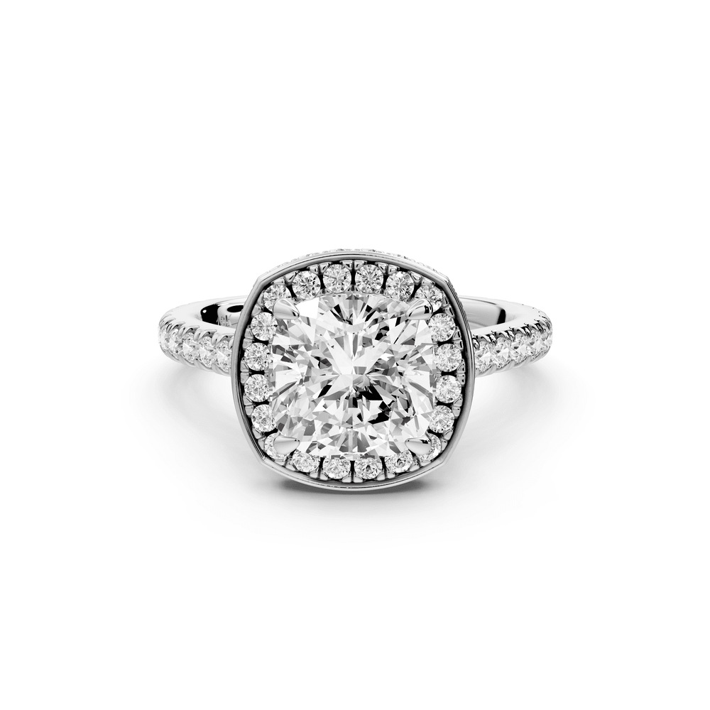 Beatrice - 2ct platinum cushion stone in rollover halo with diamond bridge and pavé engagement ring - Mr. Alex Jewelry