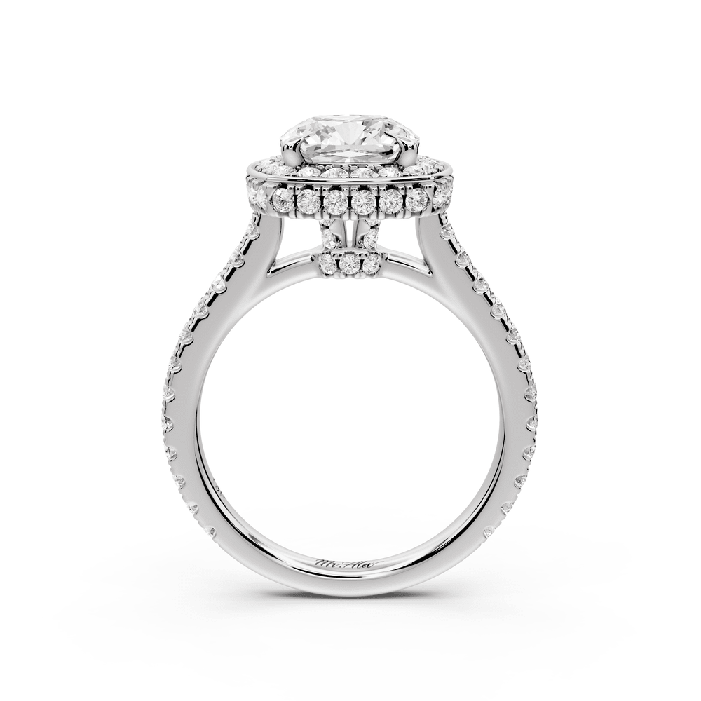 Beatrice - 2ct platinum cushion stone in rollover halo with diamond bridge and pavé engagement ring - Mr. Alex Jewelry