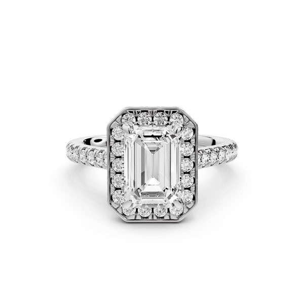 Beatrice - 2ct platinum emerald stone in rollover halo with diamond bridge and pavé engagement ring - Mr. Alex Jewelry