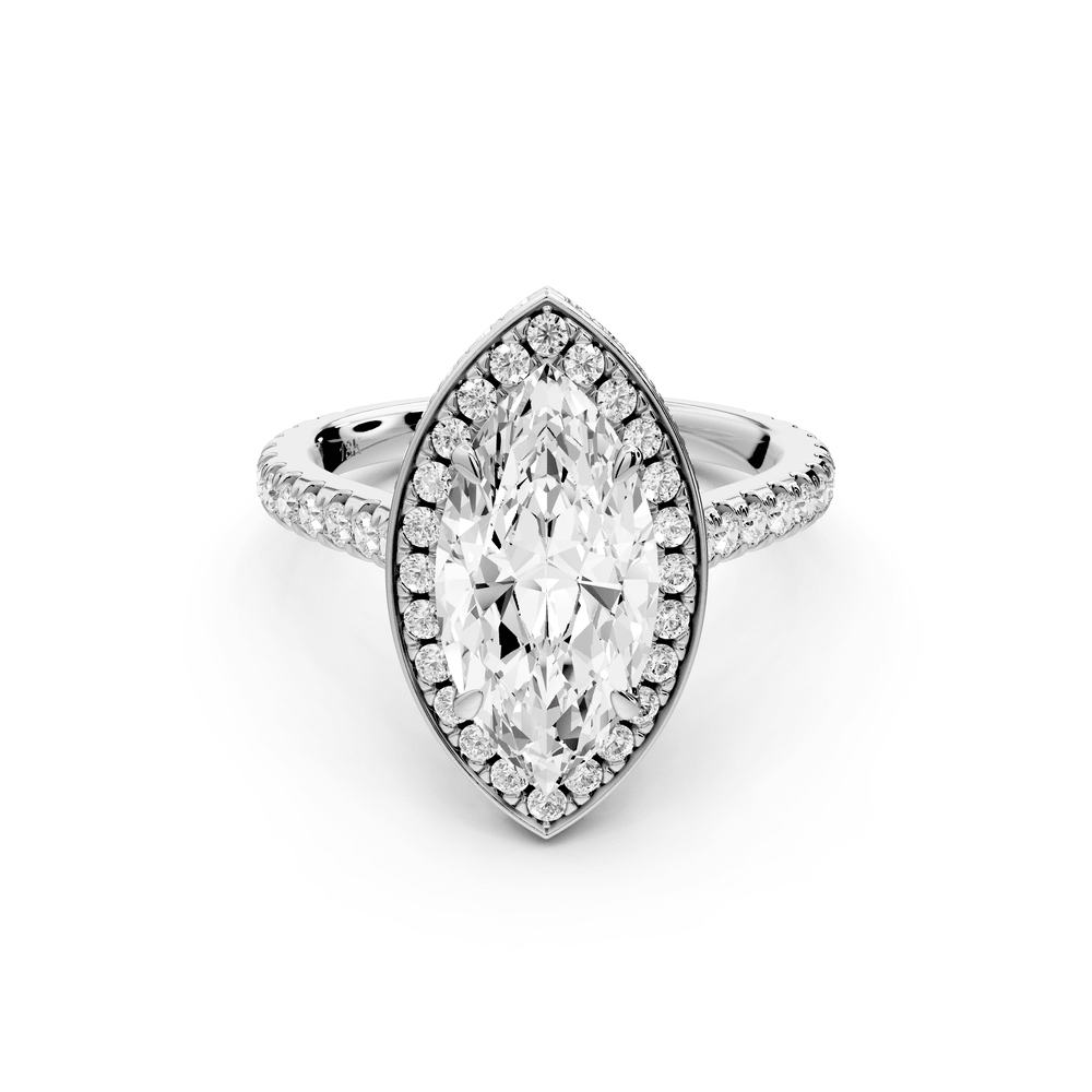 Beatrice - 2ct platinum marquise stone in rollover halo with diamond bridge and pavé engagement ring - Mr. Alex Jewelry