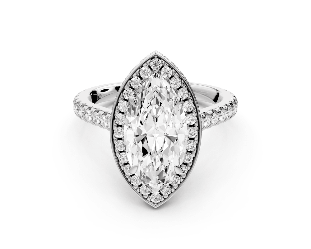 Beatrice - 2ct platinum marquise stone in rollover halo with diamond bridge and pavé engagement ring - Mr. Alex Jewelry