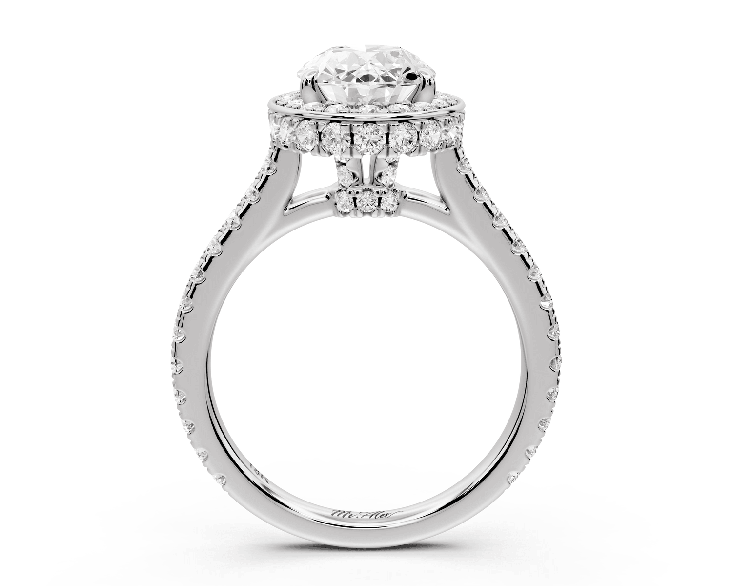 Beatrice - 2ct platinum oval stone in rollover halo with diamond bridge and pavé engagement ring - Mr. Alex Jewelry