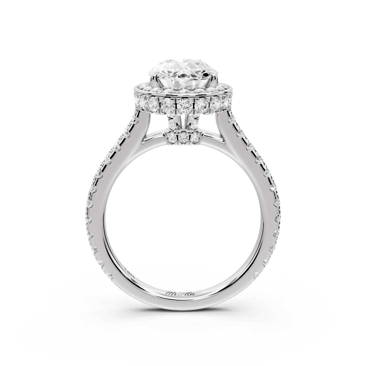 Beatrice - 2ct platinum oval stone in rollover halo with diamond bridge and pavé engagement ring - Mr. Alex Jewelry