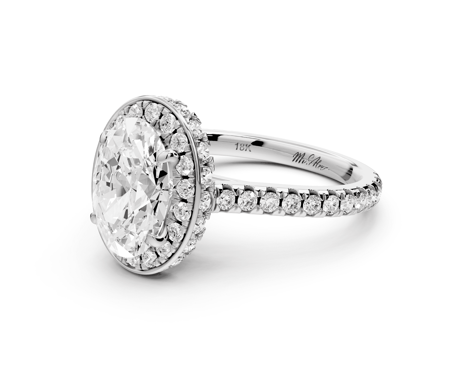 Beatrice - 2ct platinum oval stone in rollover halo with diamond bridge and pavé engagement ring - Mr. Alex Jewelry