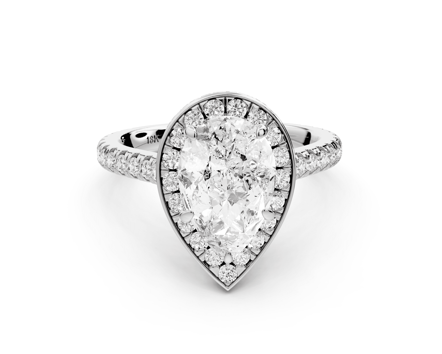 Beatrice - 2ct platinum pear stone in rollover halo with diamond bridge and pavé engagement ring - Mr. Alex Jewelry