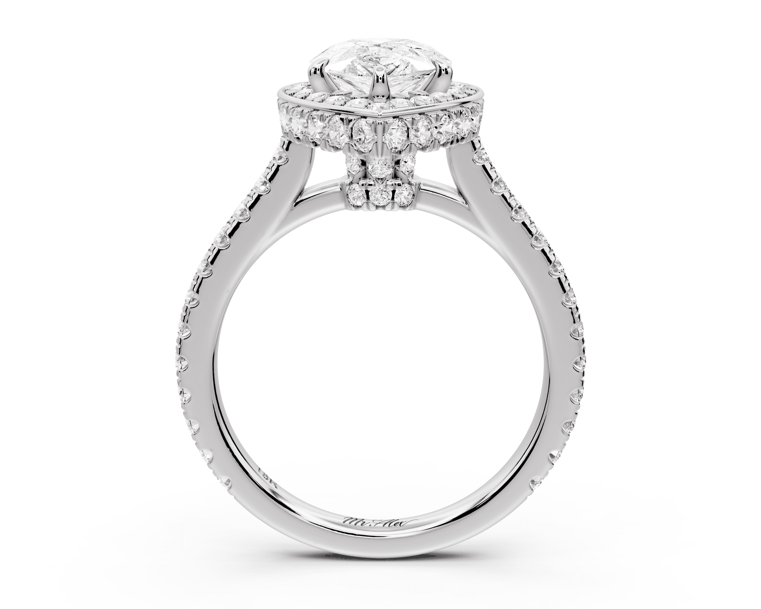 Beatrice - 2ct platinum pear stone in rollover halo with diamond bridge and pavé engagement ring - Mr. Alex Jewelry