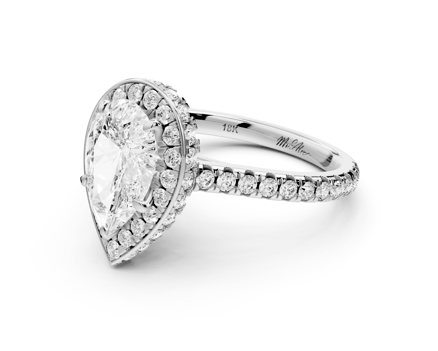 Beatrice - 2ct platinum pear stone in rollover halo with diamond bridge and pavé engagement ring - Mr. Alex Jewelry