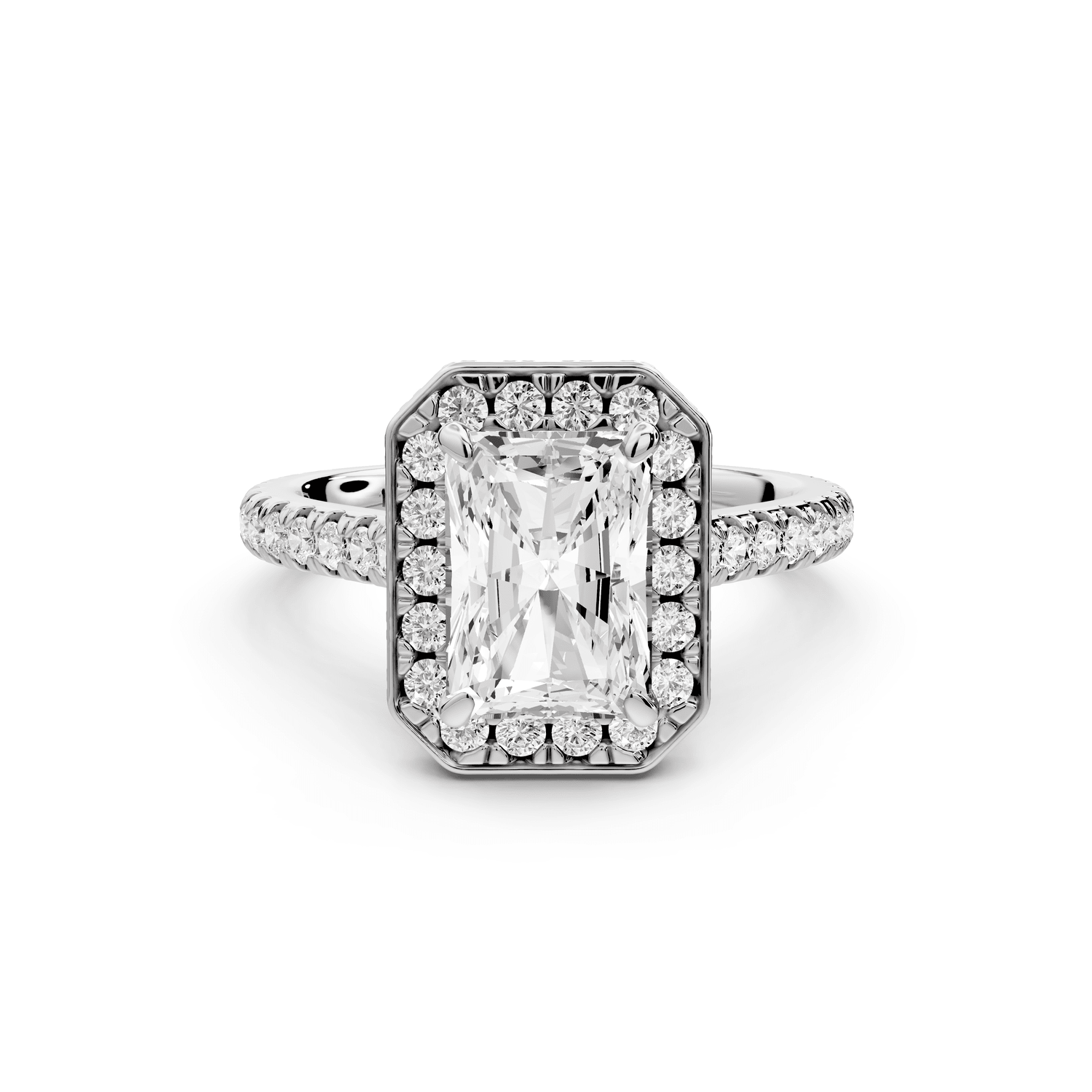 Beatrice - 2ct platinum radiant stone in rollover halo with diamond bridge and pavé engagement ring - Mr. Alex Jewelry