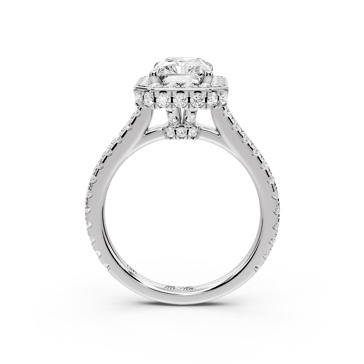 Beatrice - 2ct platinum radiant stone in rollover halo with diamond bridge and pavé engagement ring - Mr. Alex Jewelry