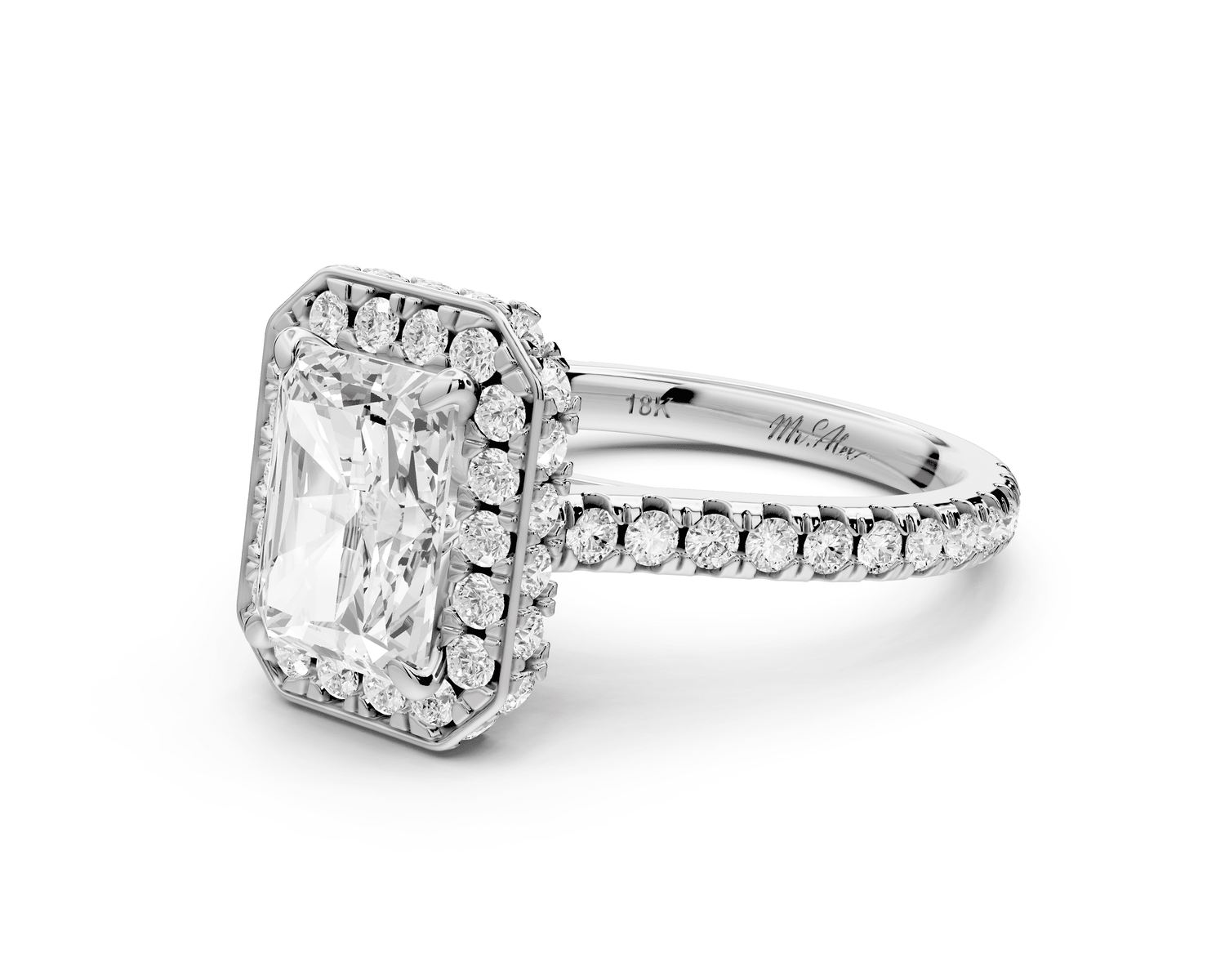 Beatrice - 2ct platinum radiant stone in rollover halo with diamond bridge and pavé engagement ring - Mr. Alex Jewelry