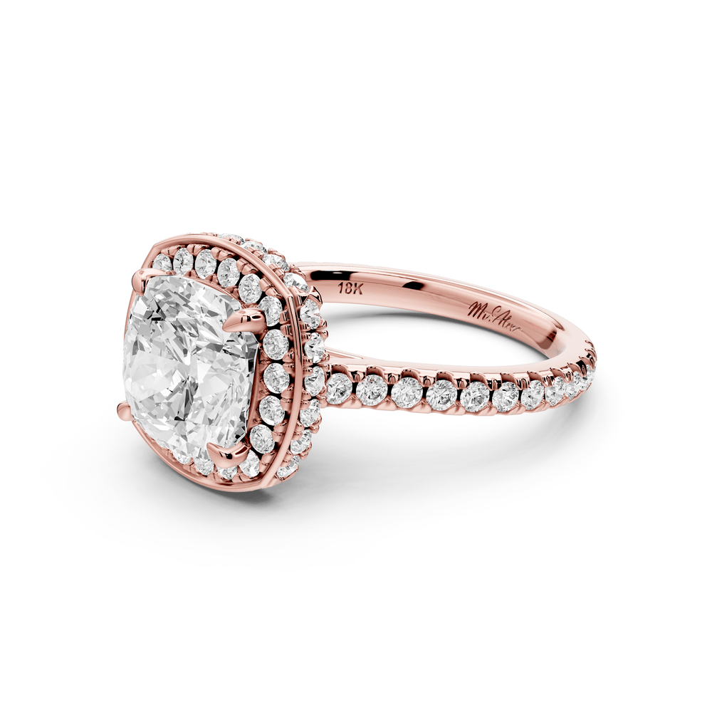 Beatrice - 3ct 14k rose gold cushion stone in rollover halo with diamond bridge and pavé engagement ring - Mr. Alex Jewelry