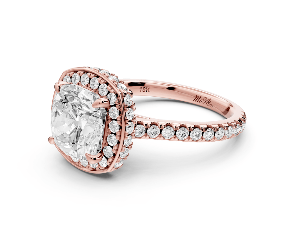 Beatrice - 3ct 14k rose gold cushion stone in rollover halo with diamond bridge and pavé engagement ring - Mr. Alex Jewelry
