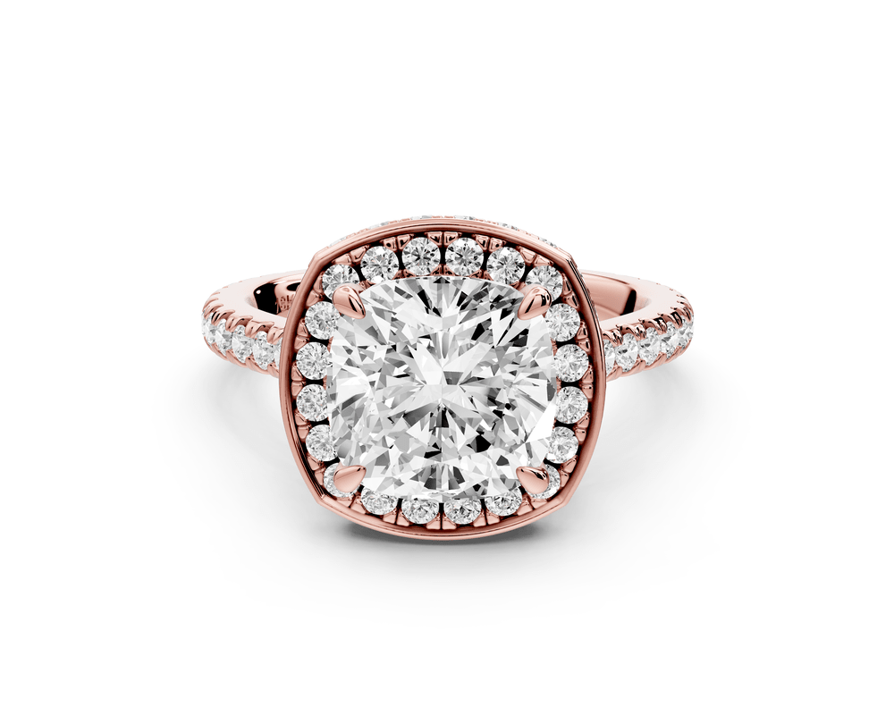 Beatrice - 3ct 14k rose gold cushion stone in rollover halo with diamond bridge and pavé engagement ring - Mr. Alex Jewelry