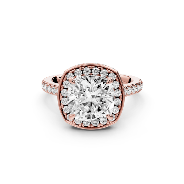 Beatrice - 3ct 14k rose gold cushion stone in rollover halo with diamond bridge and pavé engagement ring - Mr. Alex Jewelry