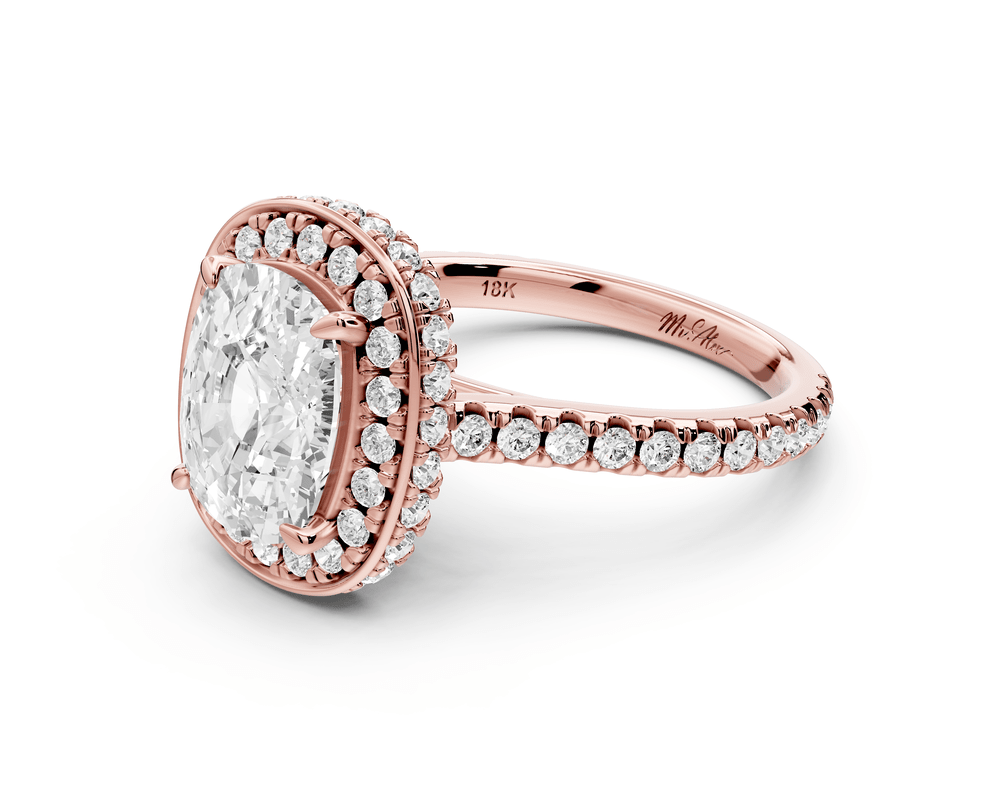 Beatrice - 3ct 14k rose gold ecushion stone in rollover halo with diamond bridge and pavé engagement ring - Mr. Alex Jewelry