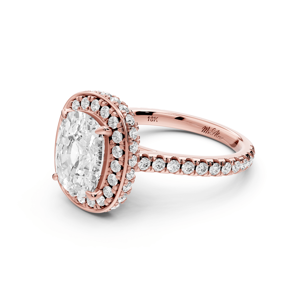 Beatrice - 3ct 14k rose gold ecushion stone in rollover halo with diamond bridge and pavé engagement ring - Mr. Alex Jewelry