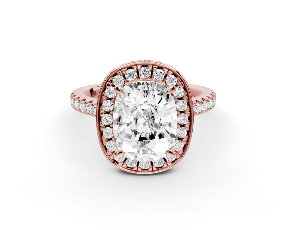 Beatrice - 3ct 14k rose gold ecushion stone in rollover halo with diamond bridge and pavé engagement ring - Mr. Alex Jewelry