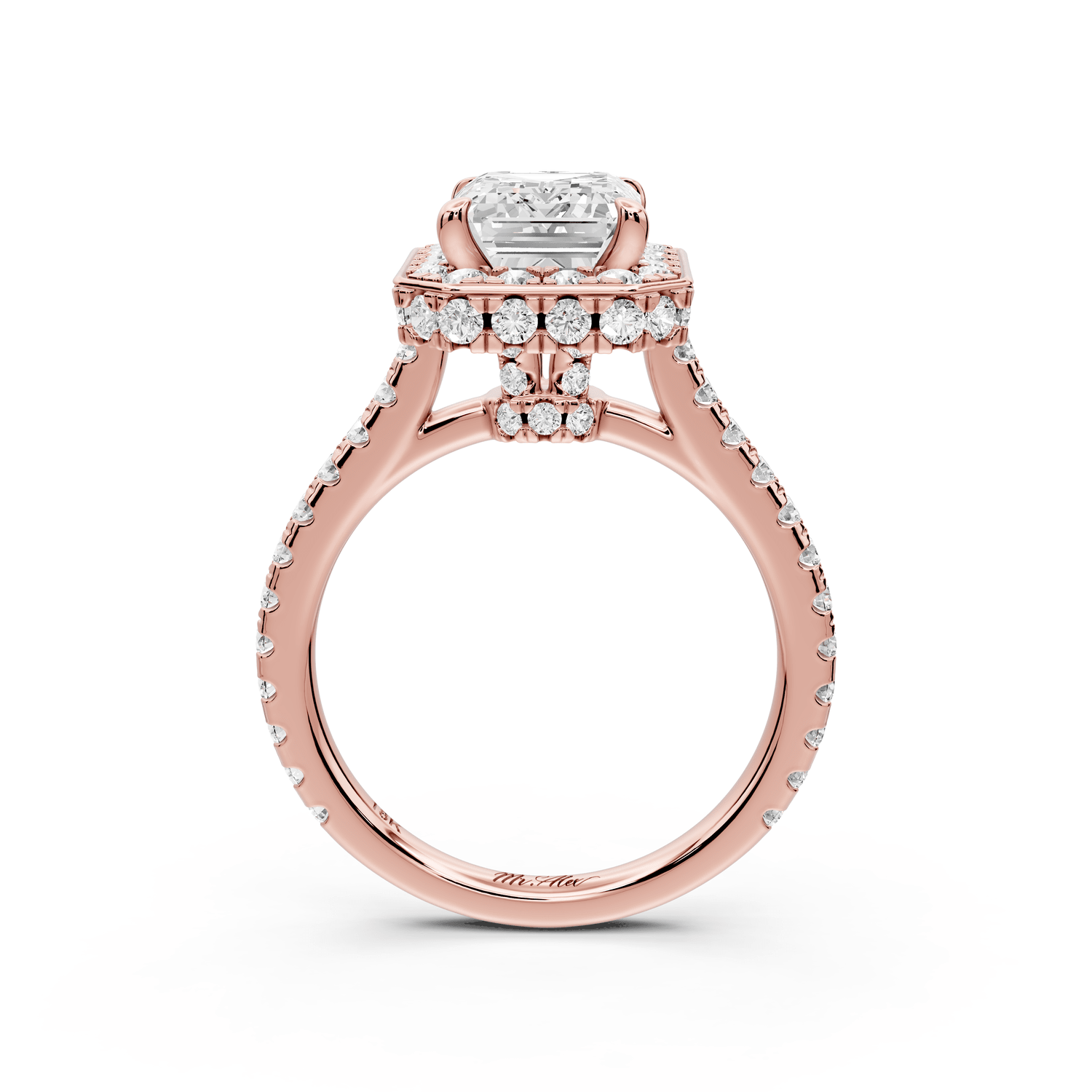 Beatrice - 3ct 14k rose gold emerald stone in rollover halo with diamond bridge and pavé engagement ring - Mr. Alex Jewelry