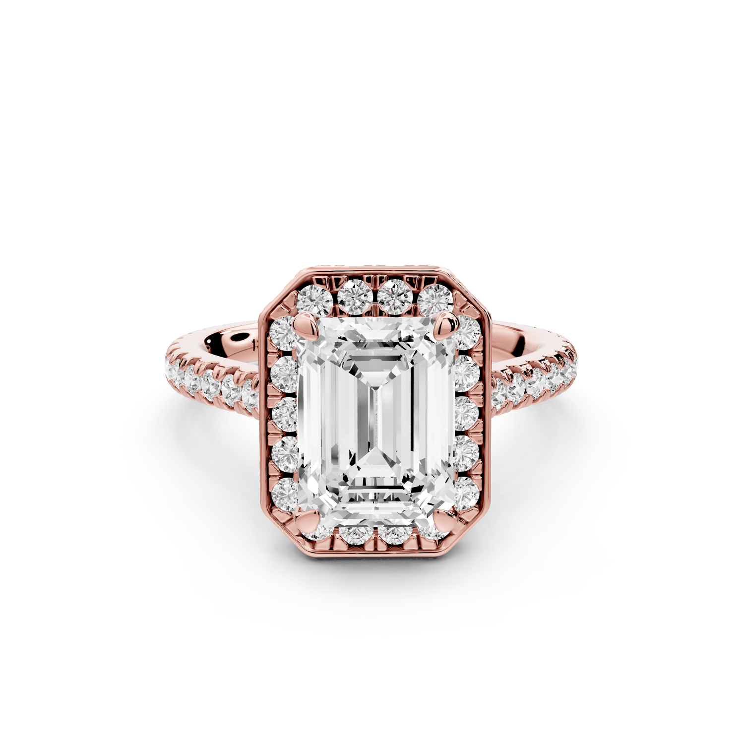 Beatrice - 3ct 14k rose gold emerald stone in rollover halo with diamond bridge and pavé engagement ring - Mr. Alex Jewelry