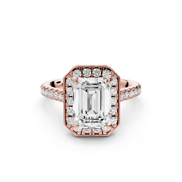 Beatrice - 3ct 14k rose gold emerald stone in rollover halo with diamond bridge and pavé engagement ring - Mr. Alex Jewelry