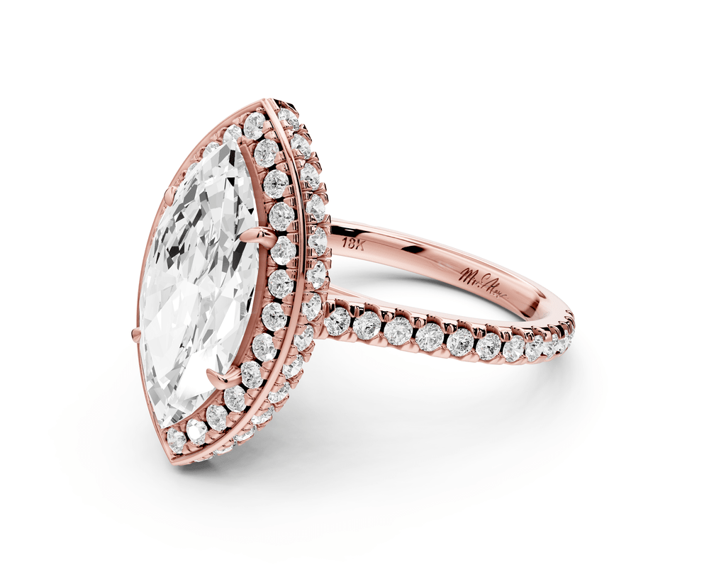 Beatrice - 3ct 14k rose gold marquise stone in rollover halo with diamond bridge and pavé engagement ring - Mr. Alex Jewelry