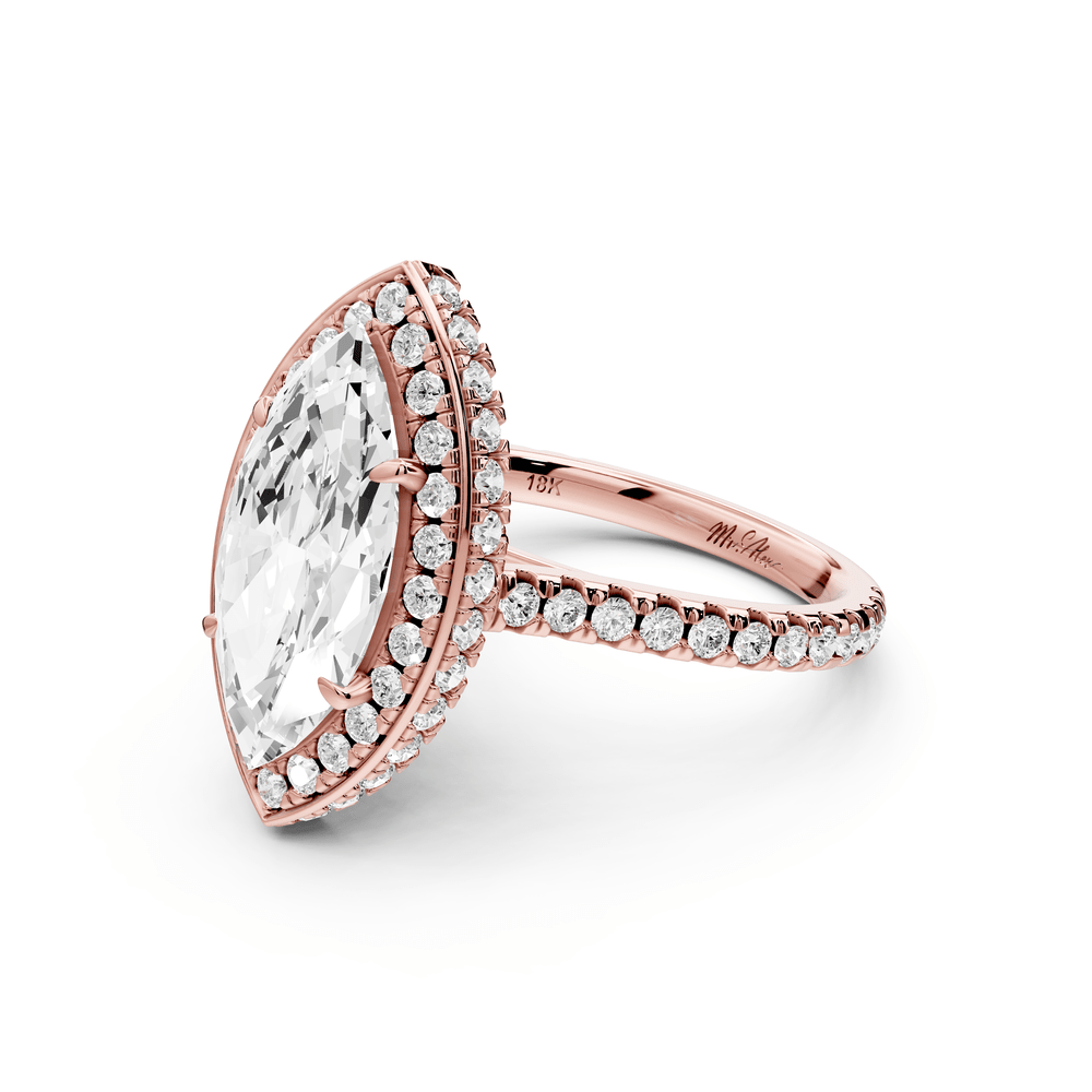 Beatrice - 3ct 14k rose gold marquise stone in rollover halo with diamond bridge and pavé engagement ring - Mr. Alex Jewelry