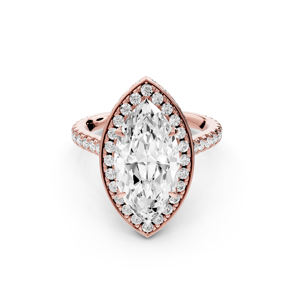Beatrice - 3ct 14k rose gold marquise stone in rollover halo with diamond bridge and pavé engagement ring - Mr. Alex Jewelry